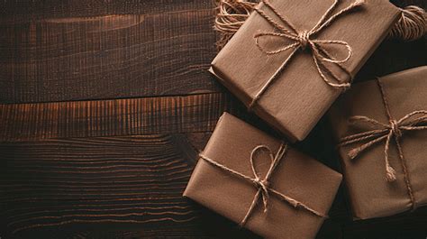 Rustic Bow To Wrap Brown Gift Boxes Vintage Background And Copy Space