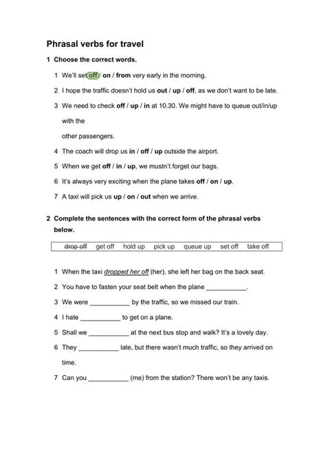 Worksheet For The Phrase Phrasal Verbs For Travel