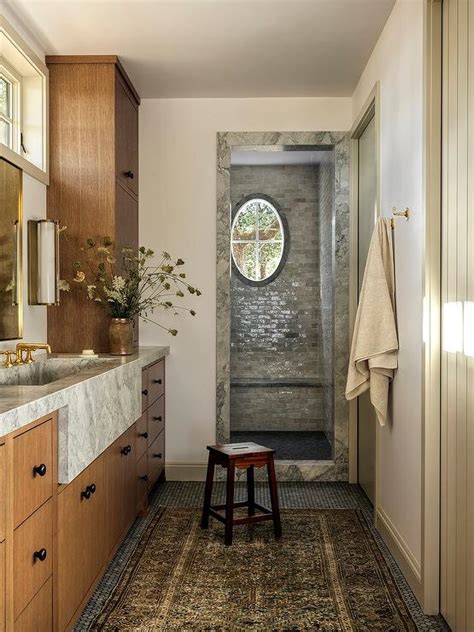 Gray Marble Floating Shower Bench On Gray Glazed Mini Offset Tiles