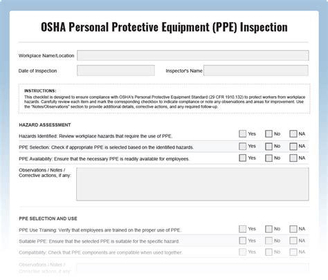 Osha Ppe Inspection Checklist Download Free Pdf