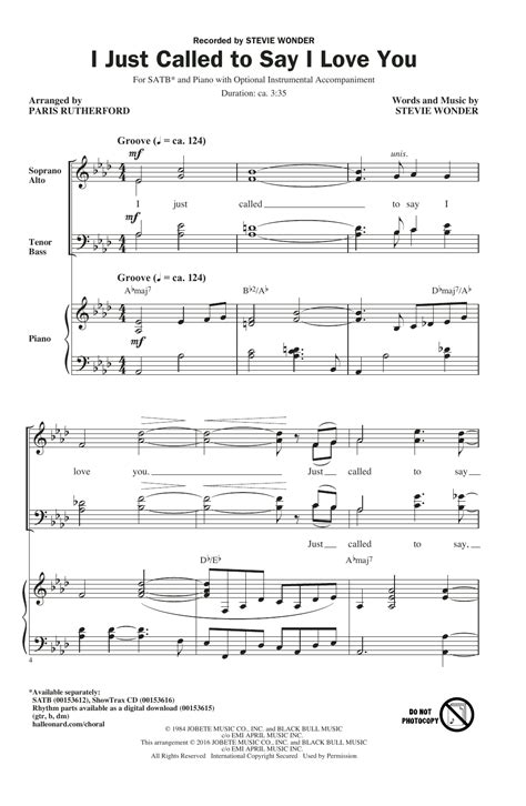 I Just Called To Say I Love You Arr Paris Rutherford By Stevie Wonder Sheet Music For Satb