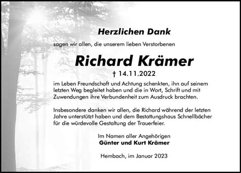 Traueranzeigen Von Richard Kr Mer Vrm Trauer De