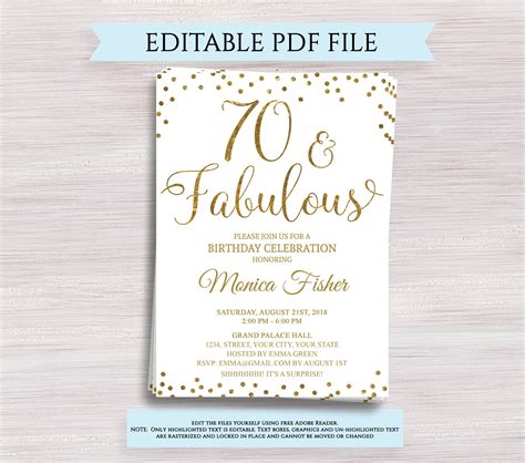 Editable 70th Birthday Party Invitation Template 70 And Etsy