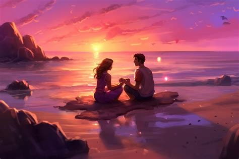 Premium AI Image | Painting of a couple sitting on a rock on the beach ...