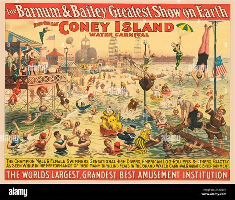 Vintage Barnum & Bailey circus poster showing people in costumes performing at the beach, circa ...