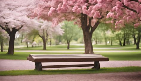 Premium Photo A Park Bench With Pink Flowers On The Bottom And A Tree