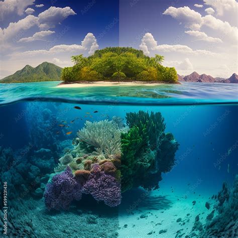 Tropical Island And Coral Reef Split View With Waterline Underwater