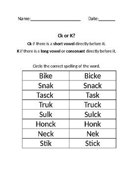 Ck Vs K Worksheet By The Primary Desk Tpt