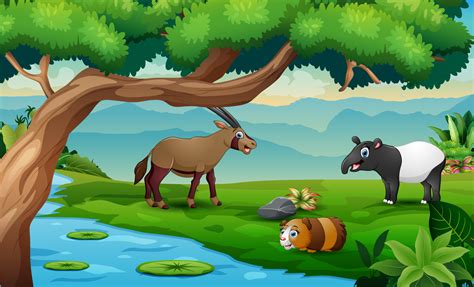 Wild animals cartoon playing in the meadow by the river 6951097 Vector ...