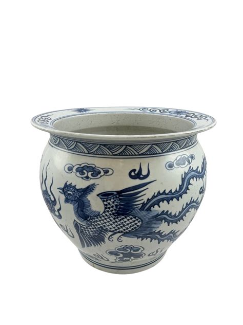 Beautiful Planter Dragon Phoenix Motif Blue And White Etsy