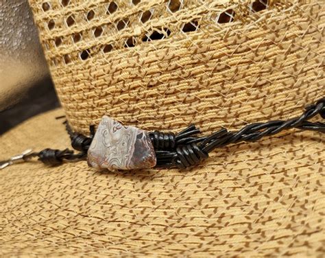 Leather Cowboy Hat Band With Barbed Wire And Crazy Lace Agate Great