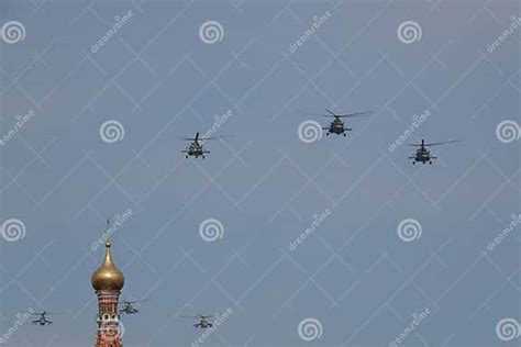 Military Helicopters In The Sky Over Moscow During The Dress Rehearsal