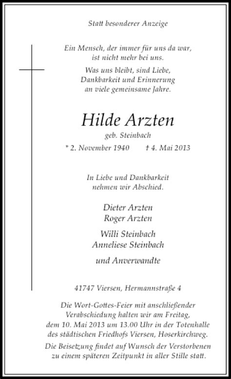 Alle Traueranzeigen F R Hilde Arzten Trauer Rp Online De