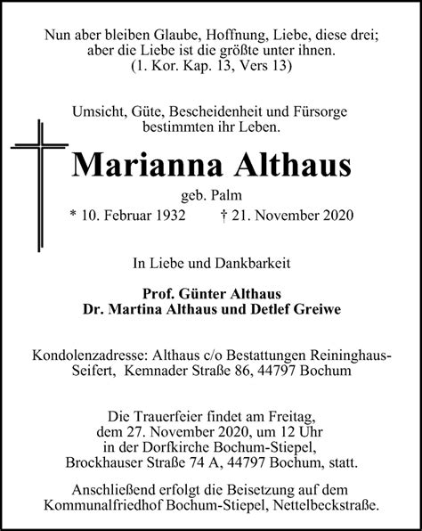 Traueranzeigen Von Marianna Althaus Trauer In Nrw De