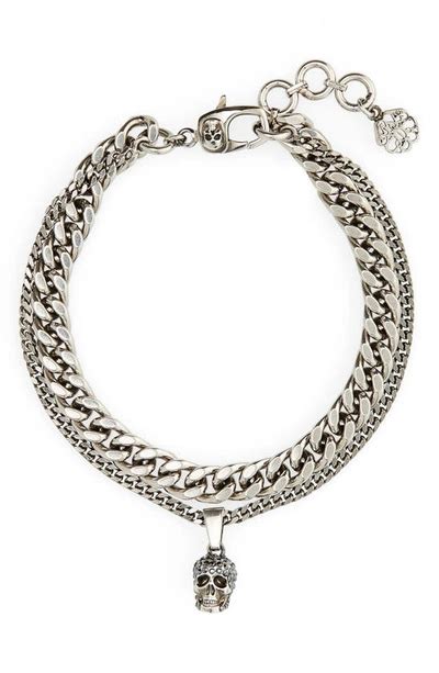 Alexander Mcqueen Mens Pavé Swarovski Crystal Skull Double Chain Bracelet In Silver Modesens