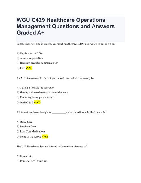 WGU C429 Healthcare Operations Management Questions And Answers Graded