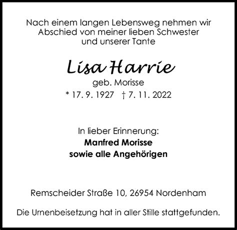 Traueranzeigen Von Lisa Harrie Nordwest Trauer De