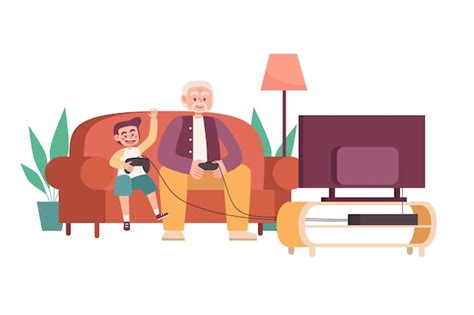 Premium Vector | Elderly man playing video game with a boy