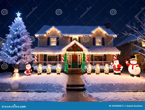 A Christmas Light Display on a House, in a Snowy Night. Generative AI ...