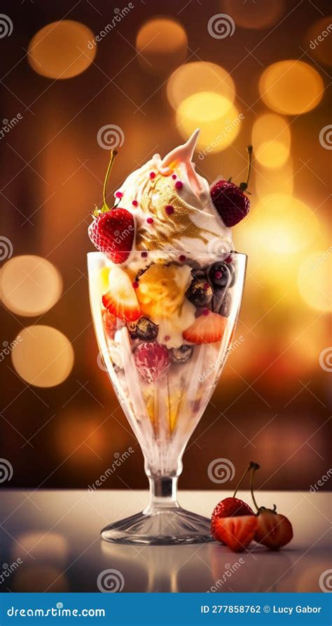 Ice Creams With Fruit Decoration On A Cozy Blur Background Stock