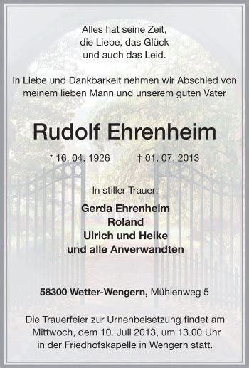 Traueranzeigen Von Rudolf Ehrenheim Trauer In Nrw De