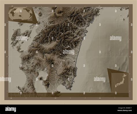 Miyazaki Prefecture Of Japan Elevation Map Colored In Sepia Tones