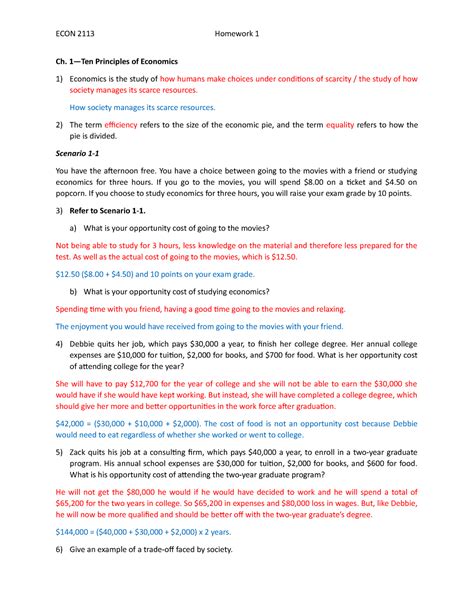 Principles Of Microeconomics HW1 ECON 2113 Homework 1 Ch Principles