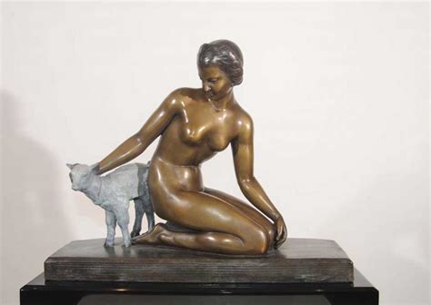 French Bronze Nude Art Deco Statue Female Figurine Lamb Sheep