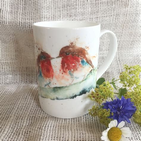 Robins Kiss Watercolour Bone China Mug China Cup Wildlife Art Mug By