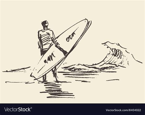 Drawn Man Sitting Beach Surfboard Sketch Vector Image