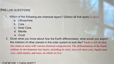 PRE LAB QUESTIONS 1 Which Of The Following Are Chemical Layers