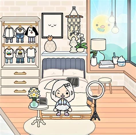 A Cartoon Girl Sitting On A Bed In A Room With Lots Of Furniture And Decorations