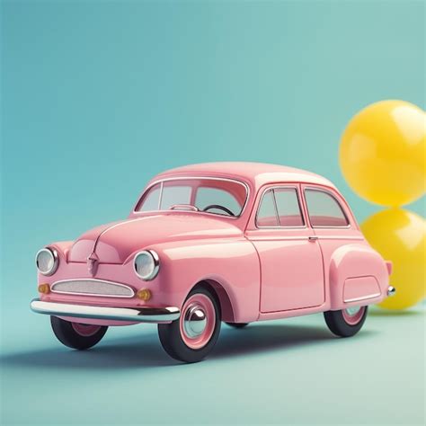 Closeup Pink Old Classic Car With Color Balloon On Soft Blue Background
