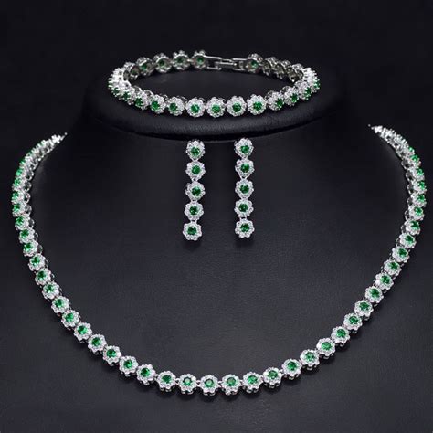 Cwwzircons Pcs Cz Green Crystal Bracelet Necklace And Earrings Sets