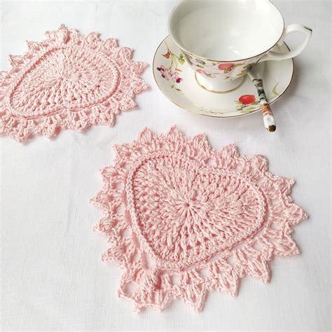 Valentine S Day Crochet Heart Coaster In Pink Peach Etsy