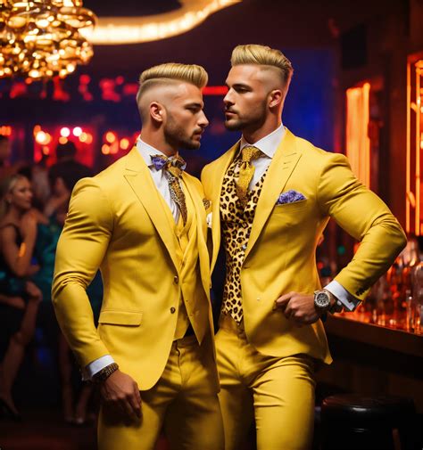 Lexica Two Muscled Sportsmen In Lemon Vested Suit Leopard Tie Blonde Pompadour Haircut