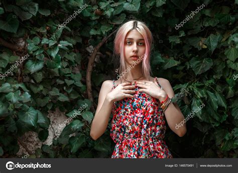 Blonde Girl Posing In Green Park Stock Photo Selenittt 146570491