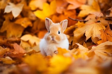 Premium AI Image | a small rabbit sitting in a pile of leaves