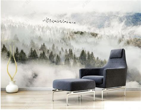 Foggy Forest Pine Trees With Flying Birds Landscape Wallpaper Wall ...