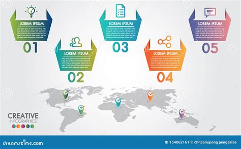 World Map Business Infographics 5 Step Options Vector Illustration And