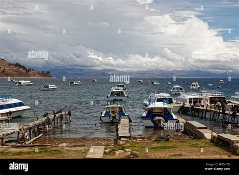 Small Boats In The Port Of Isla Del Sol Lake Titicaca Bolivia Stock