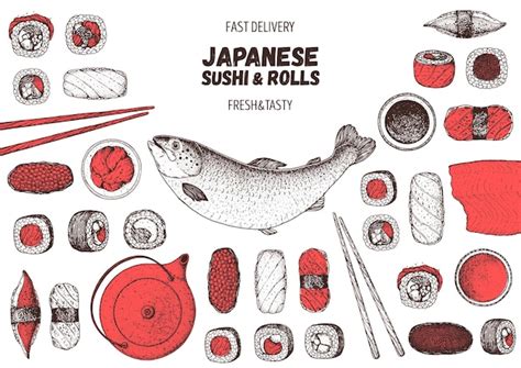 Sushi Und Br Tchen Vektor Illustration Handgezeichnete Skizze