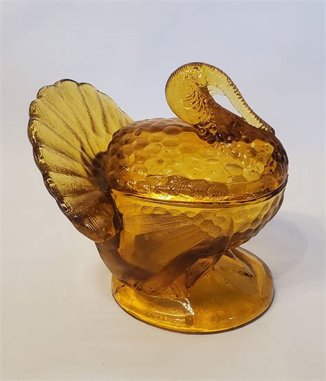 Vintage L E Smith Amber Glass Footed Turkey Candy Dish With Lid 7 X 6 1 2 Ebay