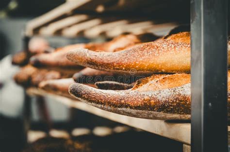 Freshly Baked Baguettes In A Shelf Cart In A Bakery Stock Image Image