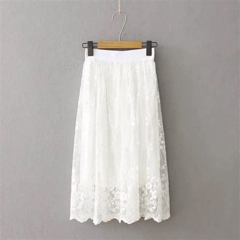 Spring Tutu Skirt High Waist White Lace Skirts Womens Saias Long Skirt Elastic Waist Summer Tutu