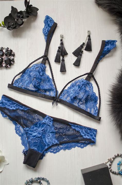 Blue Lace Lingerie On The White Background With Fasion Women Accessories Woman Underwear Stock