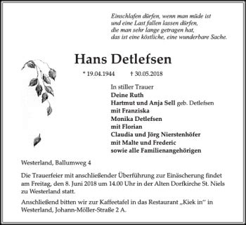 Traueranzeigen Von Hans Detlefsen Sh Z Trauer