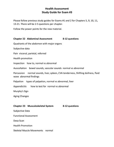 Study Guide Health Assessment Exam 3 Study Guide For Exam Please