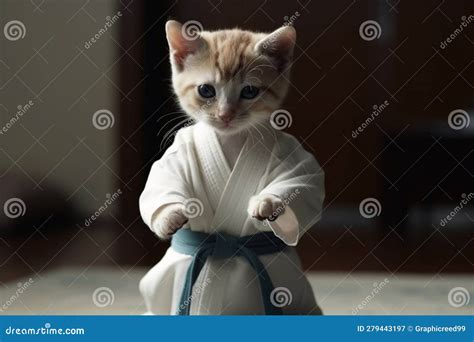 Ai Generative Cute Little Bengal Kitten With A Karate Belt Stock