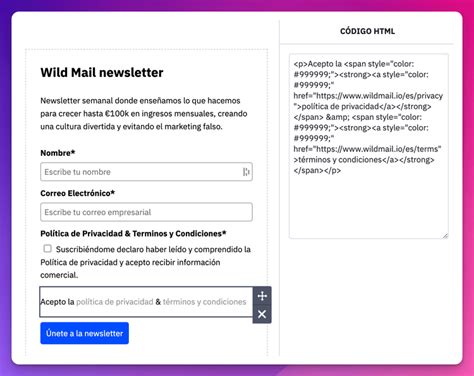 Wild Mail Como crear un formulario con política de privacidad en